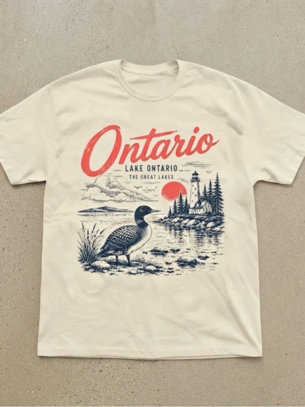 Ontario Lake Great Lakes Loon Lighthouse Cream Gildan T-shirt
